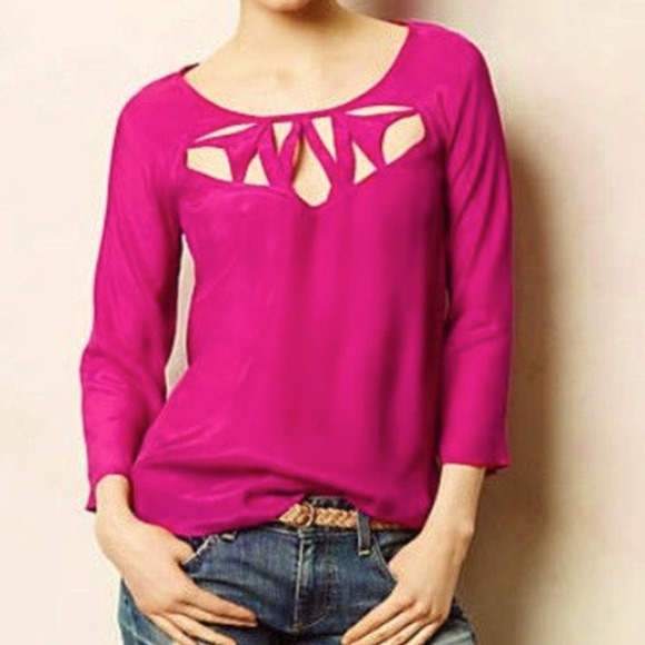 MAEVE for ANTHROPOLOGIE Women's Magenta Long Sleeve Continue Cutout Top sz 0 - Picture 2 of 6